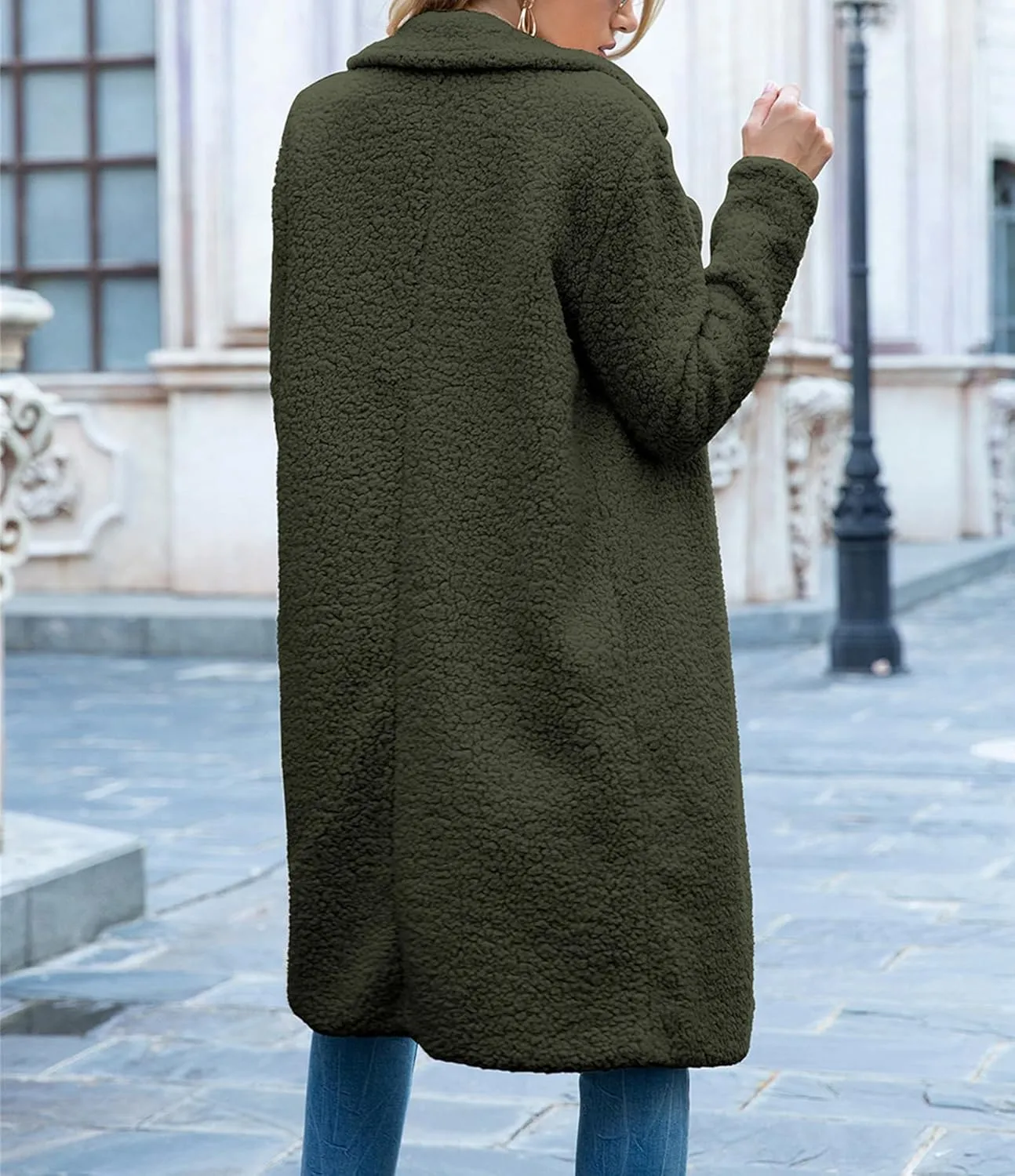 ZWRXW Women's Fuzzy Fleece Long Trench Coats Open Front Notched Lapel Solid Cardigans Winter Faux Fur Warm Outwear Jackets