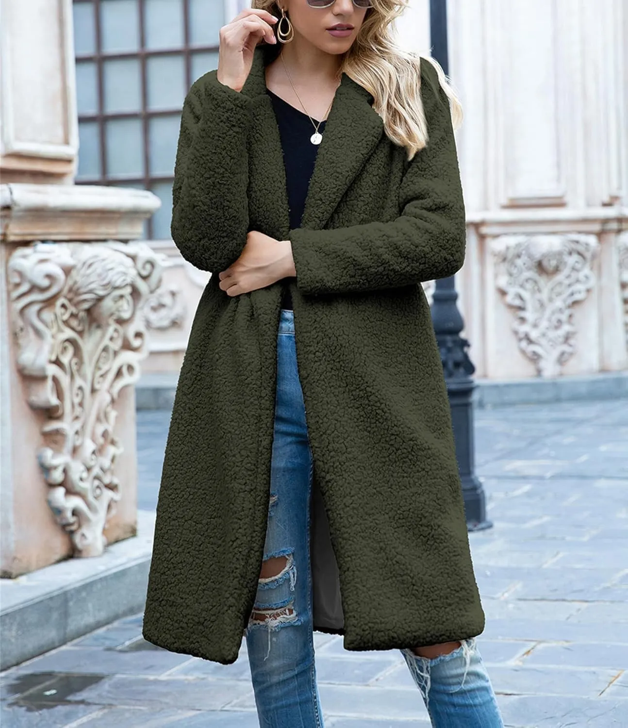 ZWRXW Women's Fuzzy Fleece Long Trench Coats Open Front Notched Lapel Solid Cardigans Winter Faux Fur Warm Outwear Jackets