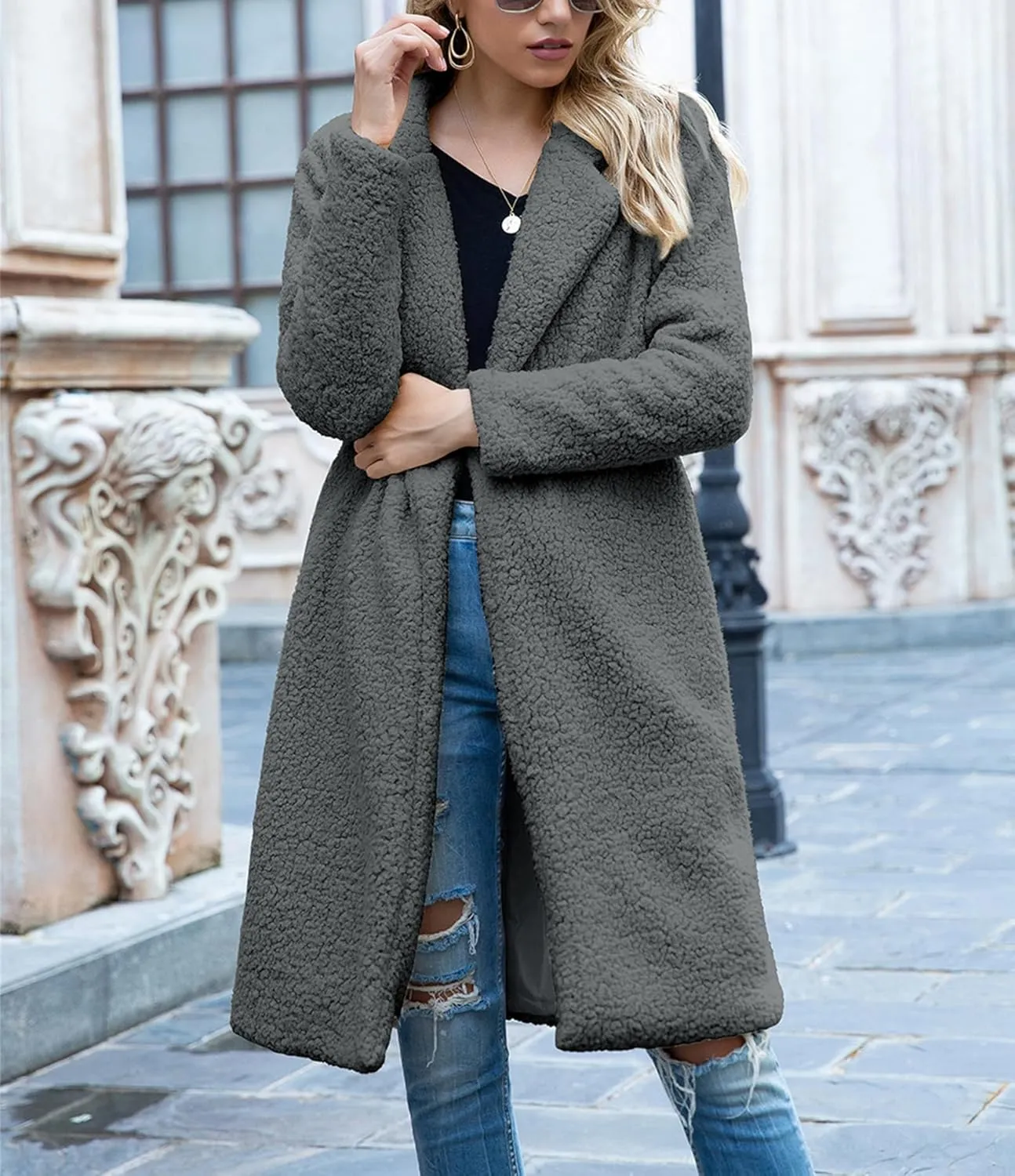 ZWRXW Women's Fuzzy Fleece Long Trench Coats Open Front Notched Lapel Solid Cardigans Winter Faux Fur Warm Outwear Jackets