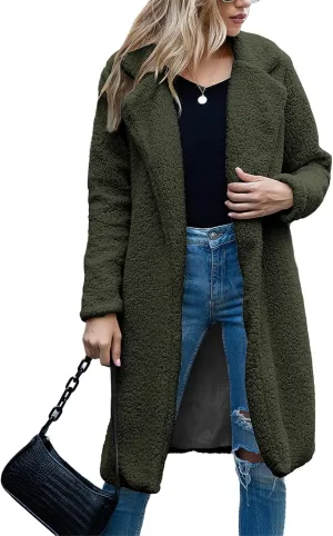 ZWRXW Women's Fuzzy Fleece Long Trench Coats Open Front Notched Lapel Solid Cardigans Winter Faux Fur Warm Outwear Jackets