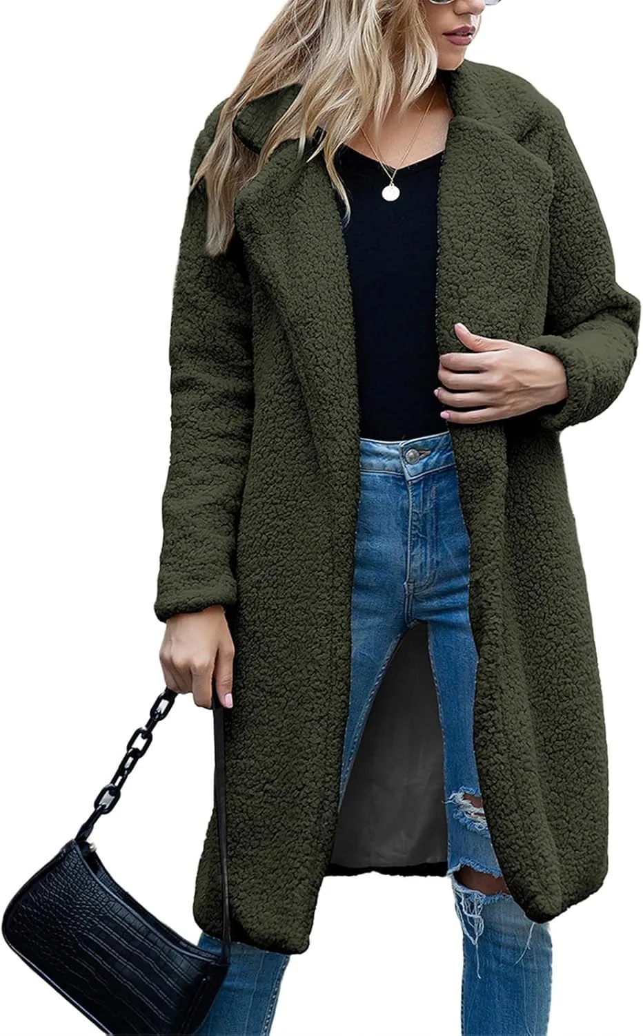 ZWRXW Women's Fuzzy Fleece Long Trench Coats Open Front Notched Lapel Solid Cardigans Winter Faux Fur Warm Outwear Jackets