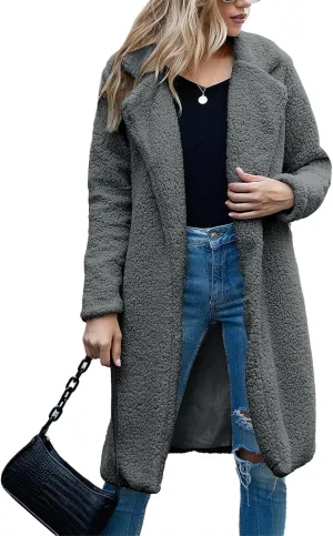 ZWRXW Women's Fuzzy Fleece Long Trench Coats Open Front Notched Lapel Solid Cardigans Winter Faux Fur Warm Outwear Jackets