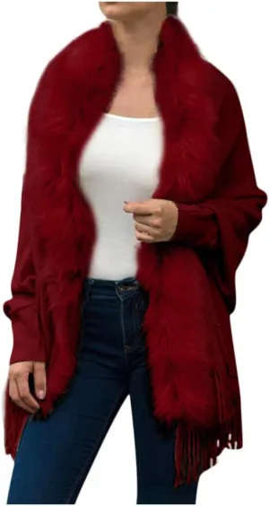 ZYXTIM Faux Fur Shawl Wrap Cape Women's Elegant Long Bat Sleeve Stand Collar Drap Hem Tassel Warm Winter Coat Cape Cloak