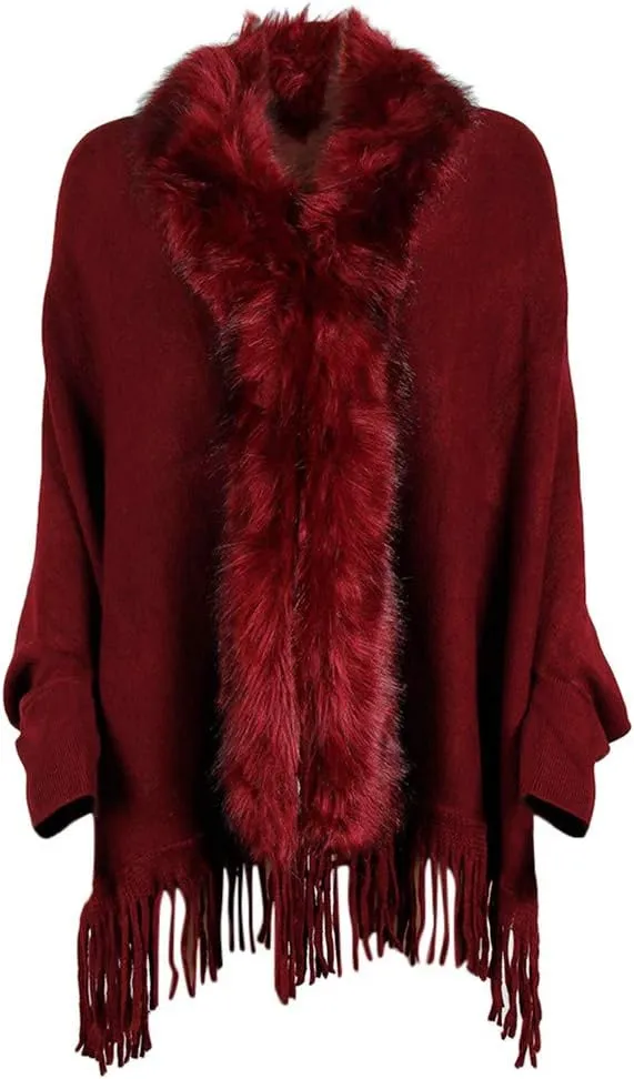 ZYXTIM Faux Fur Shawl Wrap Cape Women's Elegant Long Bat Sleeve Stand Collar Drap Hem Tassel Warm Winter Coat Cape Cloak