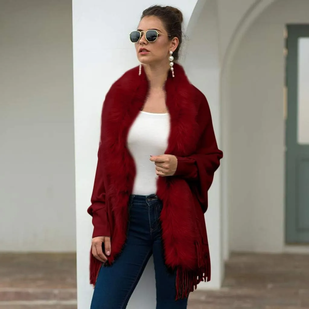 ZYXTIM Faux Fur Shawl Wrap Cape Women's Elegant Long Bat Sleeve Stand Collar Drap Hem Tassel Warm Winter Coat Cape Cloak