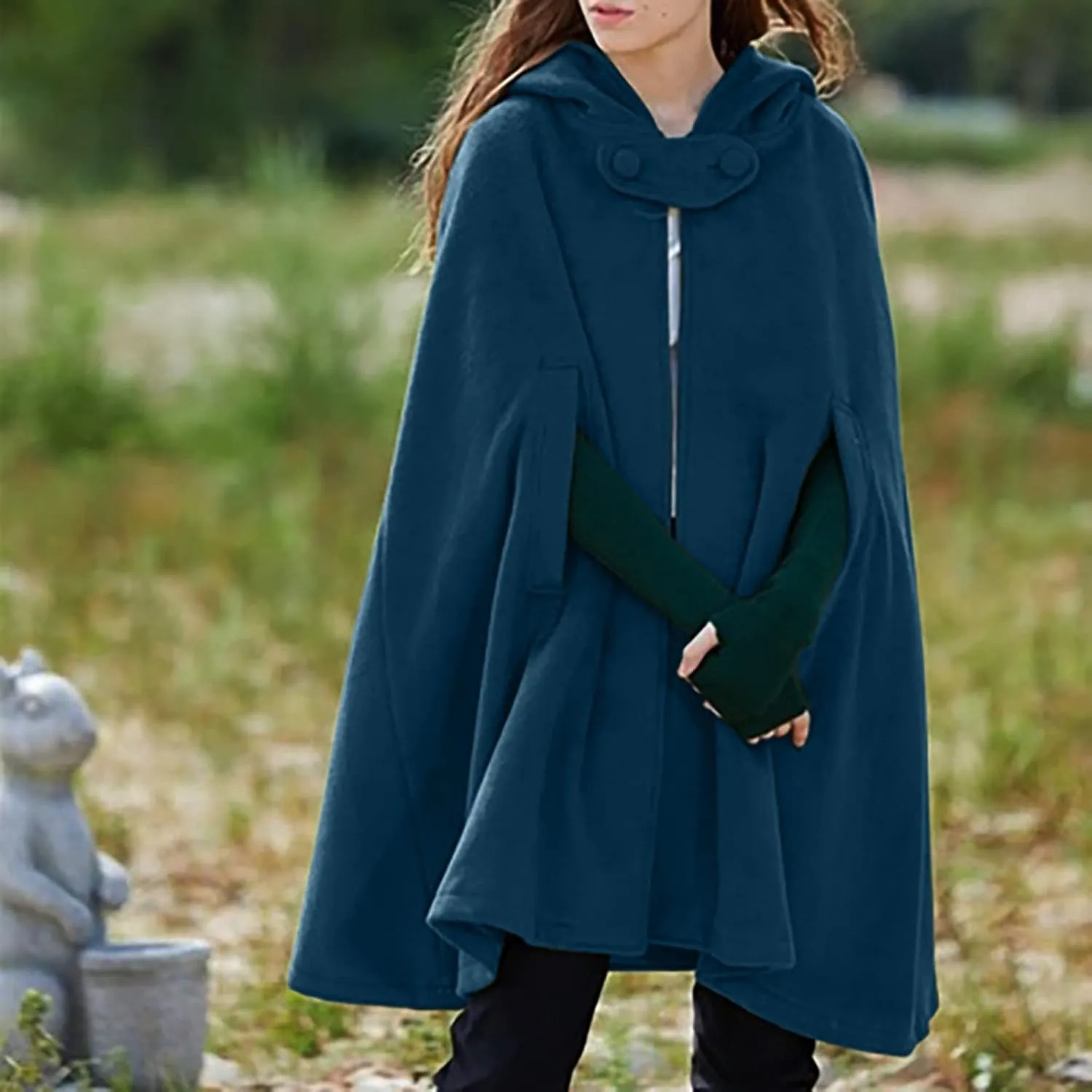 ZYXTIM Women's Wool Blend Hooded Poncho Cape Button Open Front Fall Winter Warm Pea Coat Cloak Elegant Classy Maxi Cape Coat