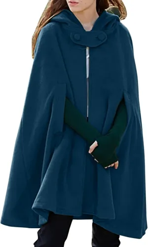 ZYXTIM Women's Wool Blend Hooded Poncho Cape Button Open Front Fall Winter Warm Pea Coat Cloak Elegant Classy Maxi Cape Coat